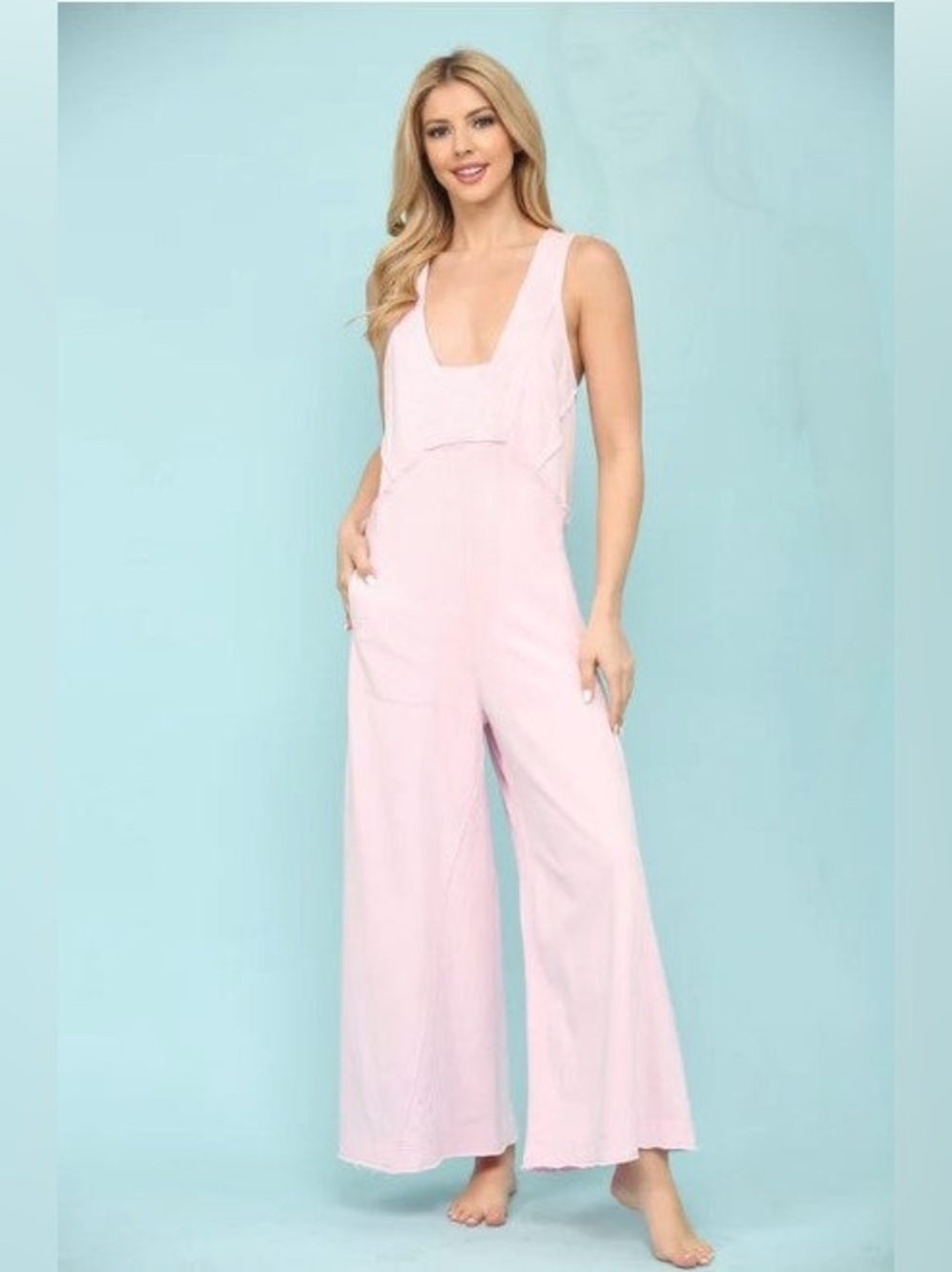 Blue Velvet Cotton Sleeveless Wide Leg Jumpsuit Pink Size Medium